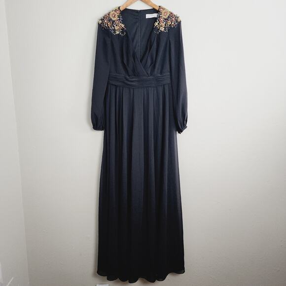 NEW Ieena For Mac Duggal Black Embellished Bead Shoulder Blouson Sleeve Gown - Picture 4 of 14